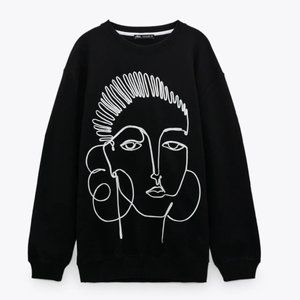 NWT Zara Black Raised Embroidered Sweatshirt, M
